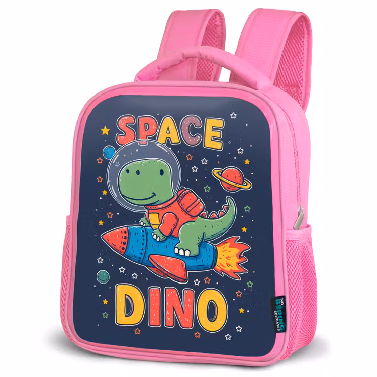 Dino - Raket - Kleurrijk Kinderrugzak - Roze middel -schuin