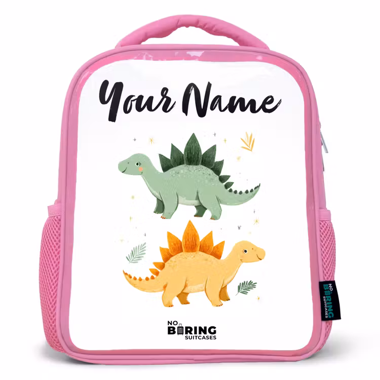 Dinos - Dieren - Groen - Oranje Kinderrugzak - Roze middel -3d