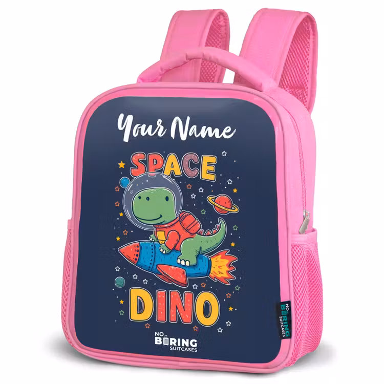 Dinosaurus - Groen - Raket - Sterrenhemel Kinderrugzak - Roze middel -schuin
