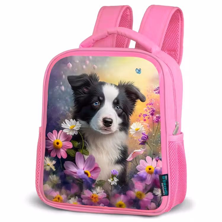 Hond - Bloemen - Natuur - Puppy - Bordercollie Kinderrugzak - Roze middel -schuin