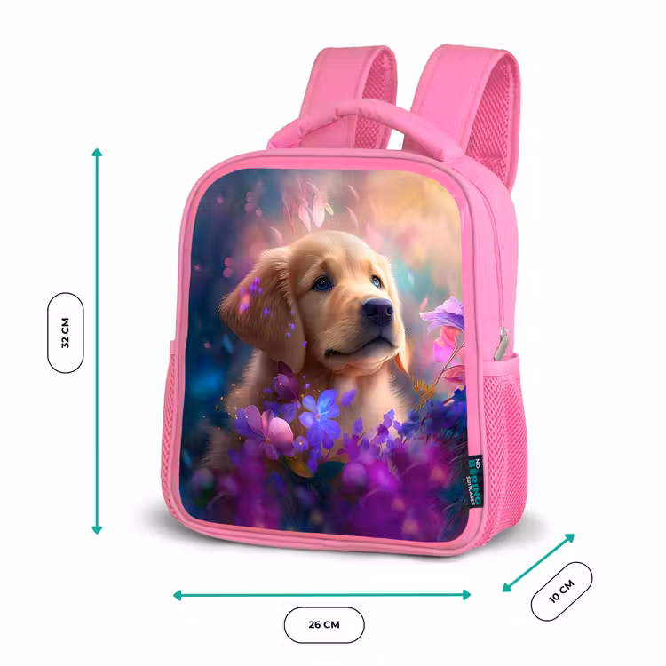 Hond - Puppy - Zon - Bloemen - Golden retriever Kinderrugzak - Roze middel -productfoto_formaten