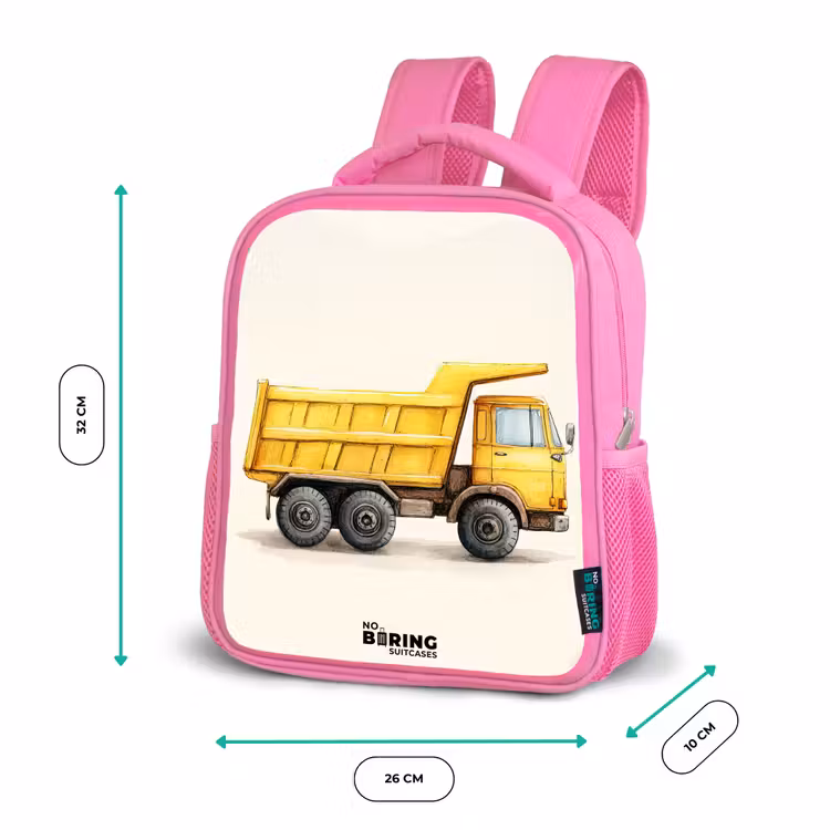 Kiepwagen - Getekend - Geel Kinderrugzak - Roze middel -productfoto_formaten