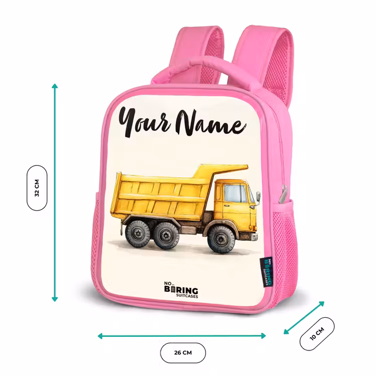 Kiepwagen - Getekend - Geel Kinderrugzak - Roze middel -productfoto_formaten