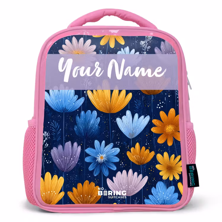 Bloemen - Patroon - Blauw Kinderrugzak - Roze middel -3d