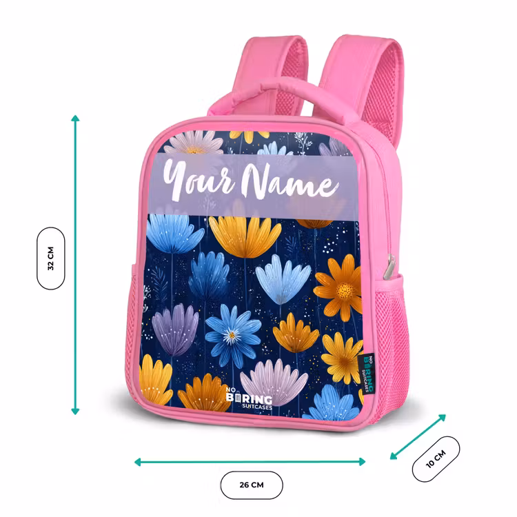 Bloemen - Patroon - Blauw Kinderrugzak - Roze middel -productfoto_formaten
