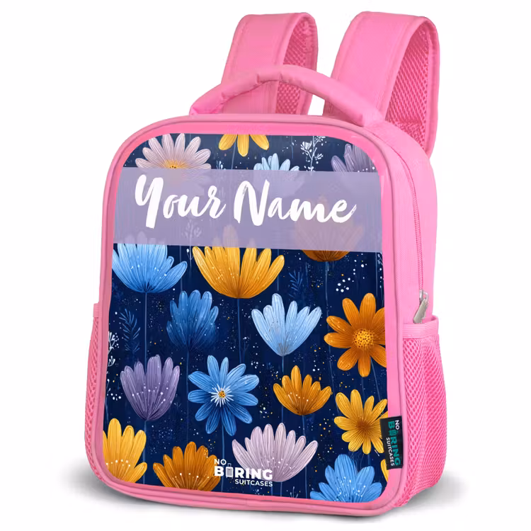 Bloemen - Patroon - Blauw Kinderrugzak - Roze middel -schuin