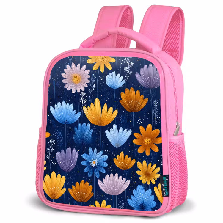 Bloemen - Patroon - Blauw - Contrast Kinderrugzak - Roze middel -schuin
