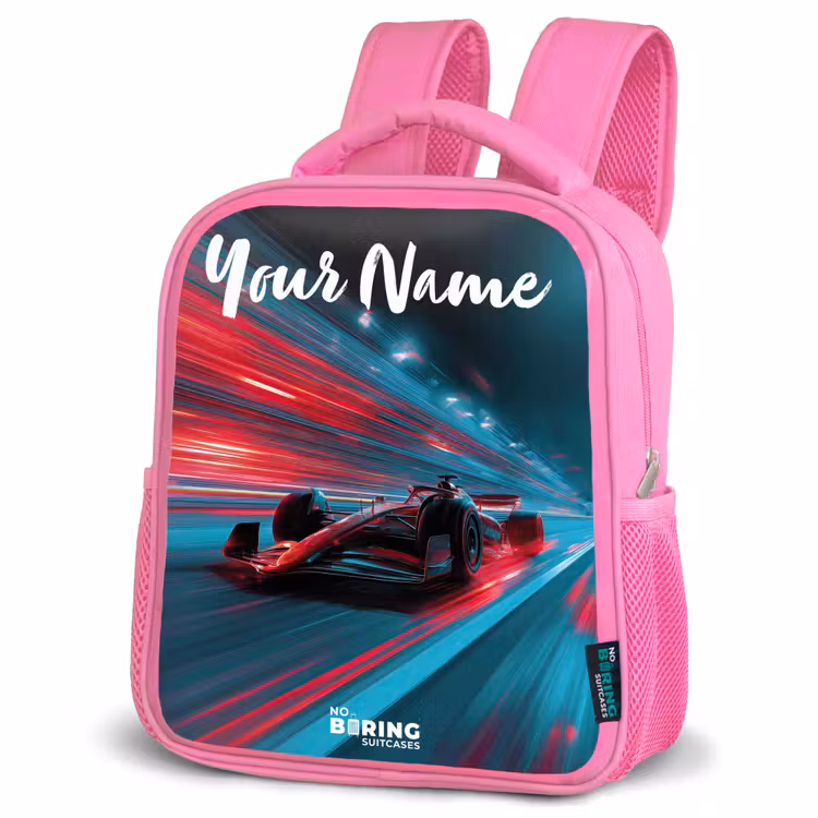 Formule 1 - Raceauto - Rood - Neonverlichting Kinderrugzak - Roze middel -schuin