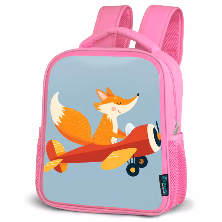 Vos - Vliegtuig - Blauw Kinderrugzak - Roze middel -schuin