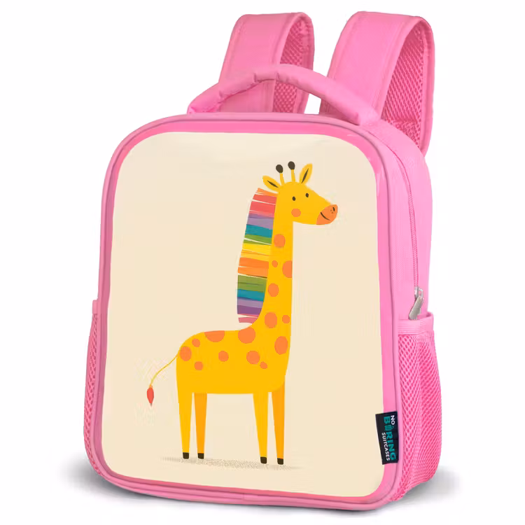 Giraffe - Regenboogmanen - Beige Kinderrugzak - Roze middel -schuin