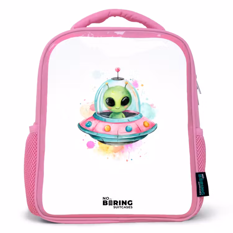 Groene alien in kleurrijke UFO Kinderrugzak - Roze middel -3d