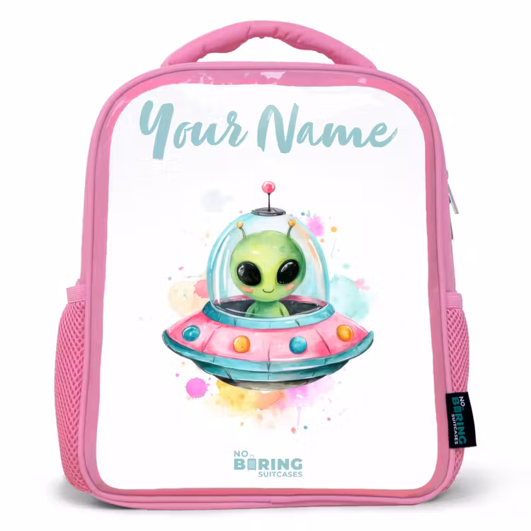 Groene alien in kleurrijke UFO Kinderrugzak - Roze middel -3d