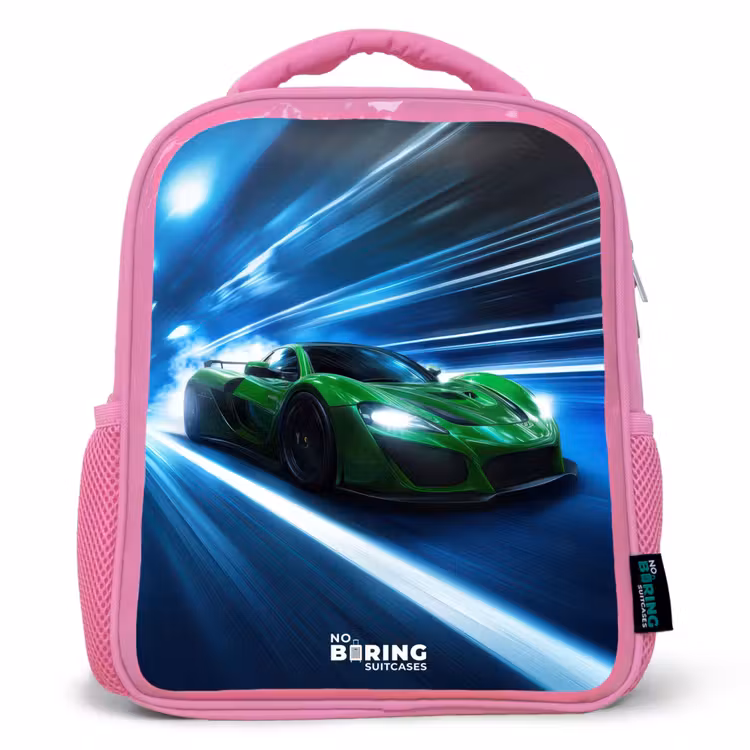 Groene supercar flitst door neonlicht Kinderrugzak - Roze middel -3d