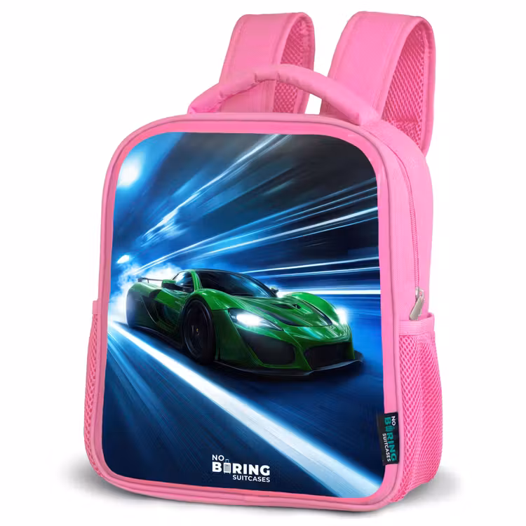 Groene supercar flitst door neonlicht Kinderrugzak - Roze middel -schuin