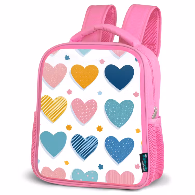 Hartjes - Pastel - Kleurcontrast - Handgetekend Kinderrugzak - Roze middel -schuin