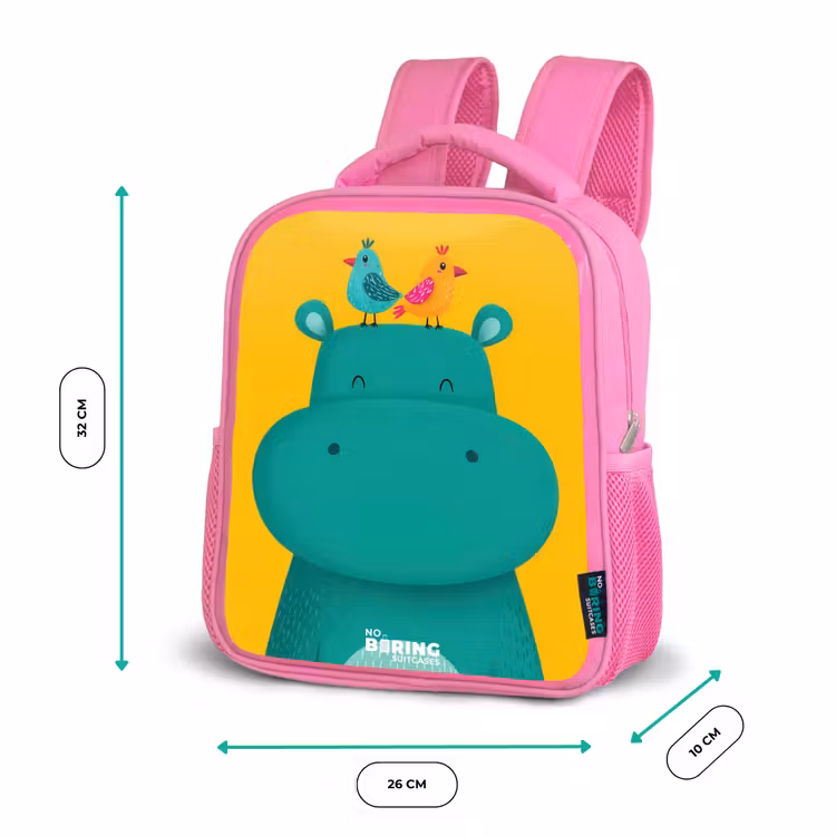 Nijlpaard - Vogels - Geel Kinderrugzak - Roze middel -productfoto_formaten