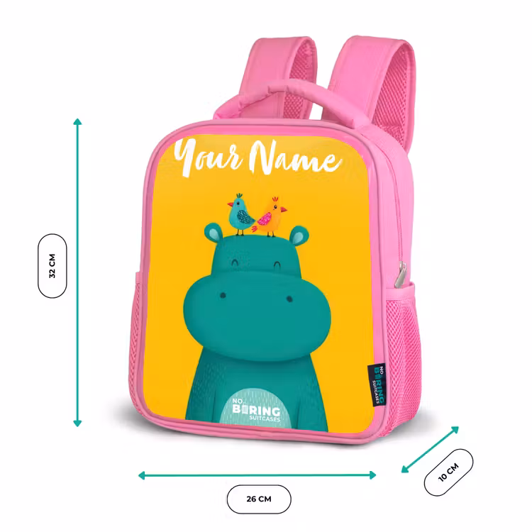 Nijlpaard - Vogels - Geel Kinderrugzak - Roze middel -productfoto_formaten