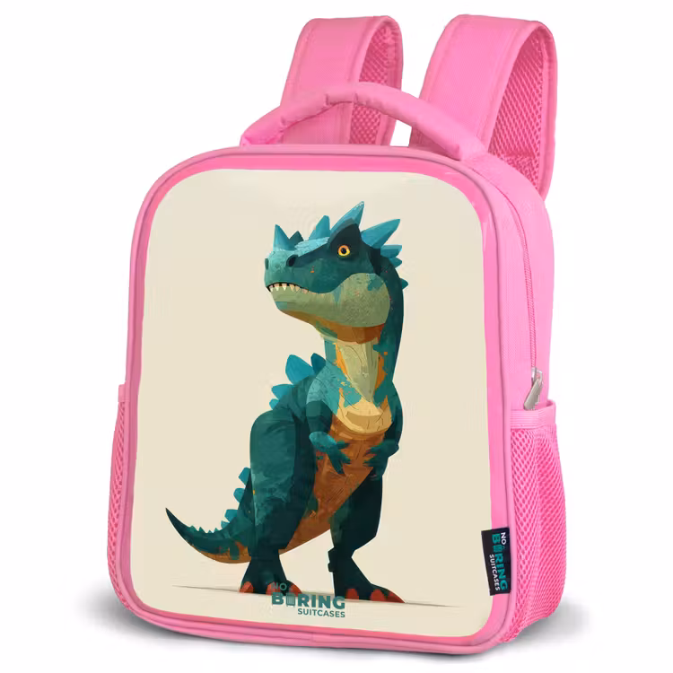 Gehoornde dino met scherpe blik Kinderrugzak - Roze middel -schuin
