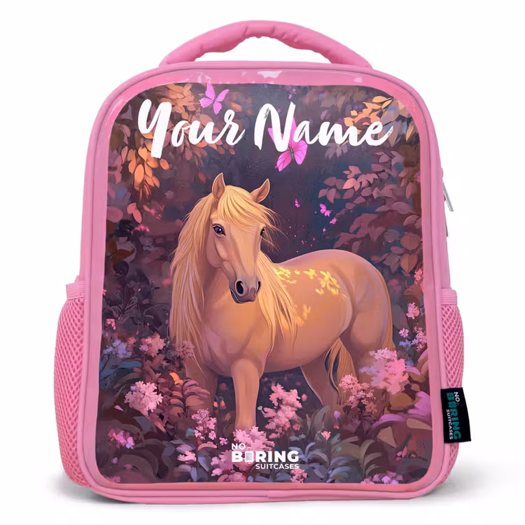 Paard - Bloemen - Paars - Vlinder Kinderrugzak - Roze middel -3d