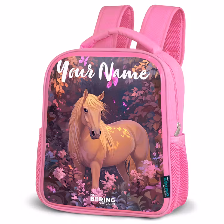 Paard - Bloemen - Paars - Vlinder Kinderrugzak - Roze middel -schuin