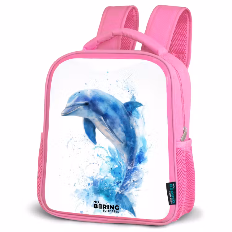 Springende blauwe dolfijn Kinderrugzak - Roze middel -schuin