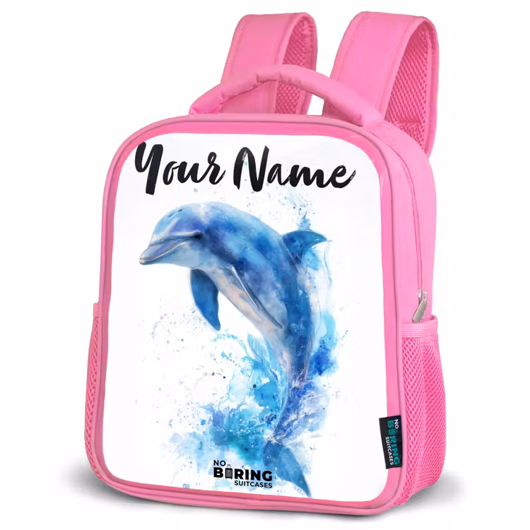 Springende blauwe dolfijn Kinderrugzak - Roze middel -schuin