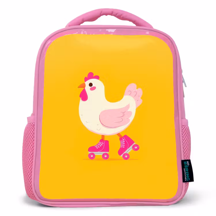 Kip - Rolschaatsen - Geel Kinderrugzak - Roze middel -3d