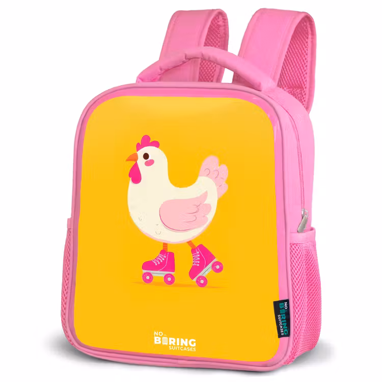 Kip - Rolschaatsen - Geel Kinderrugzak - Roze middel -schuin