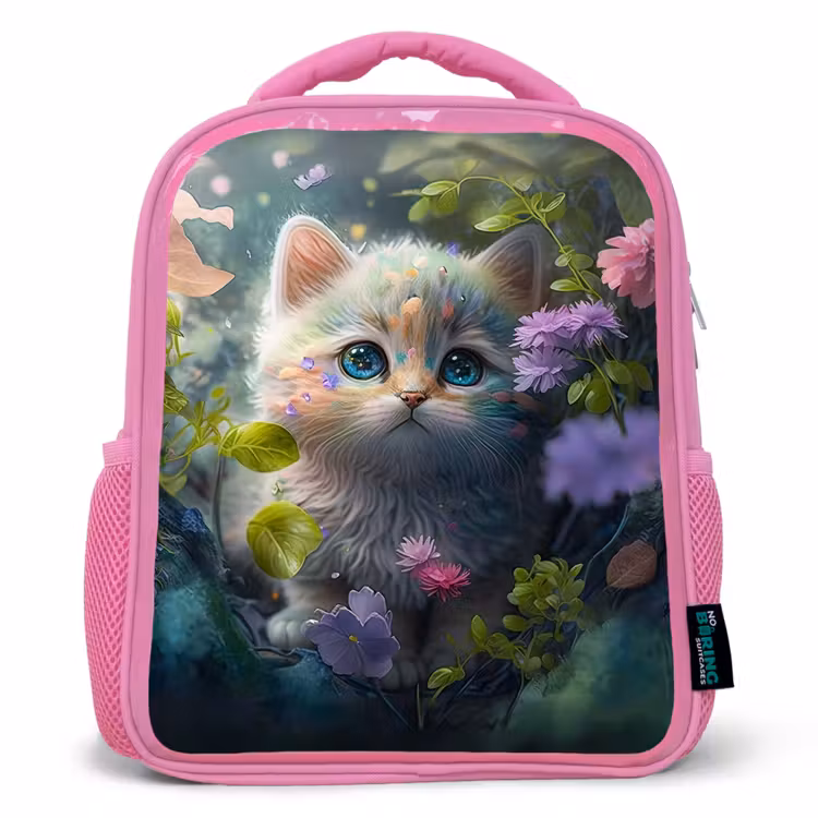 Kitten - Bloemen - Bos - Illustratie - Poes Kinderrugzak - Roze middel -3d
