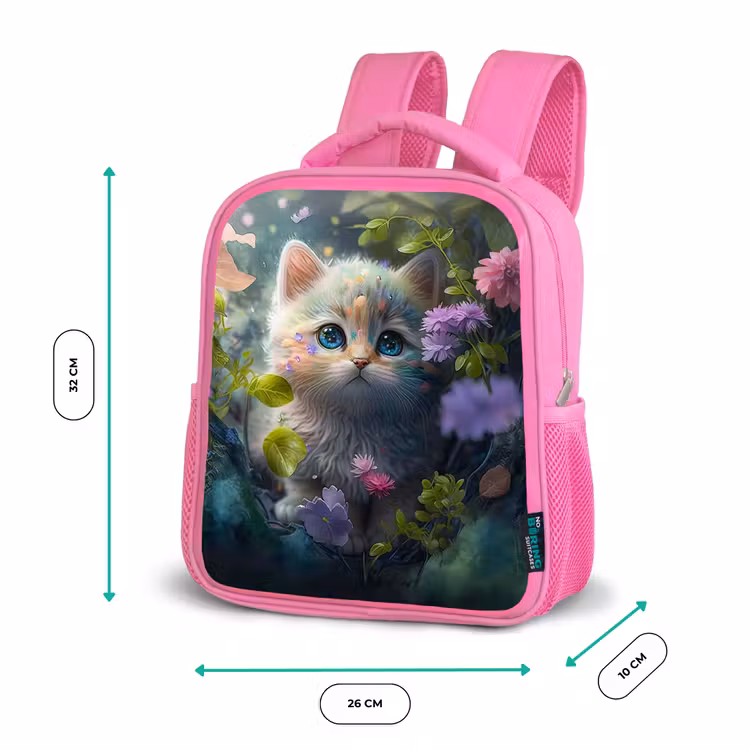 Kitten - Bloemen - Bos - Illustratie - Poes Kinderrugzak - Roze middel -productfoto_formaten