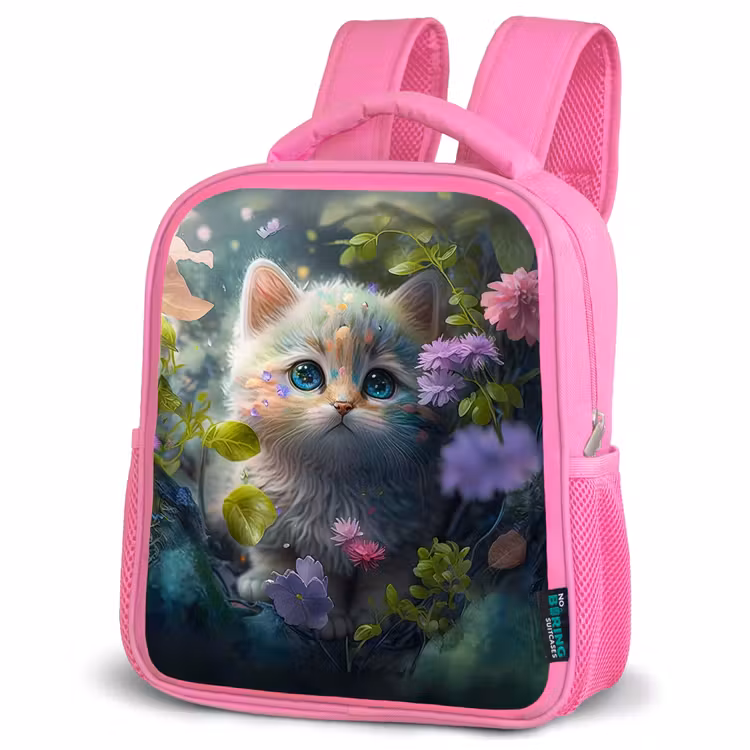 Kitten - Bloemen - Bos - Illustratie - Poes Kinderrugzak - Roze middel -schuin