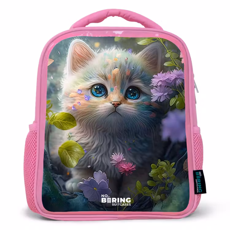 Kitten verstopt achter bloemen Kinderrugzak - Roze middel -3d