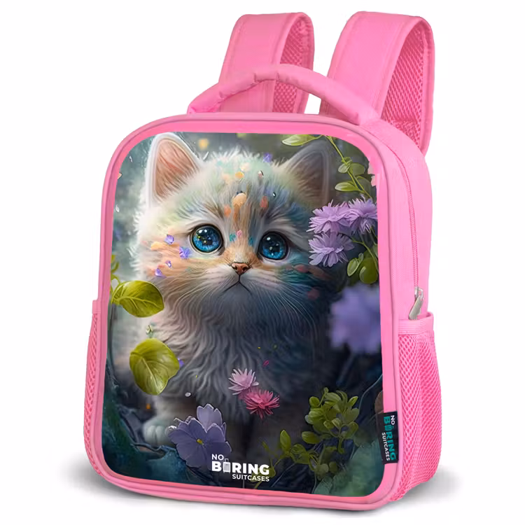 Kitten verstopt achter bloemen Kinderrugzak - Roze middel -schuin