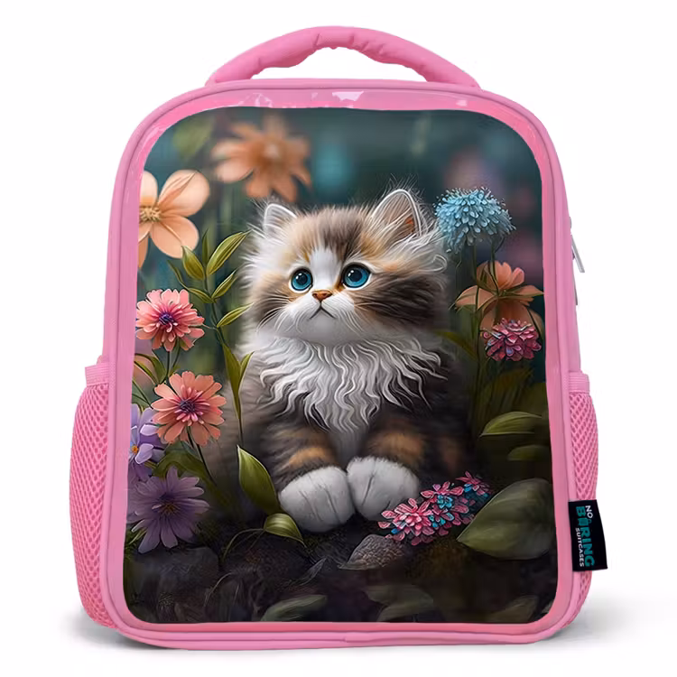 Kitten - Illustratie - Bloemen - Natuur - Kat Kinderrugzak - Roze middel -3d