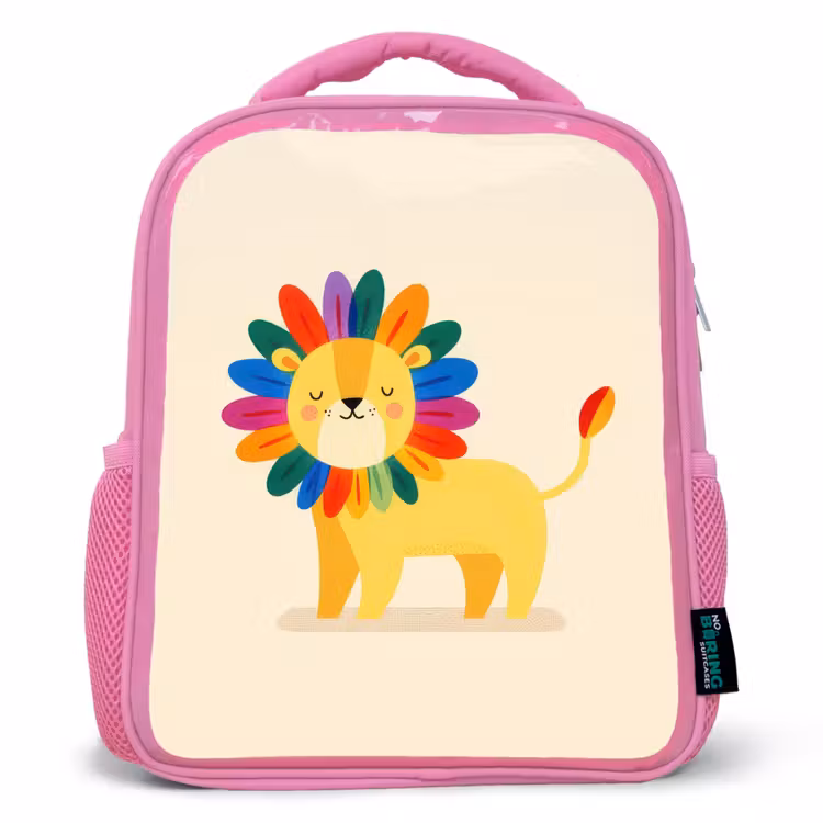 Leeuw - Kleurrijke manen - Beige Kinderrugzak - Roze middel -3d