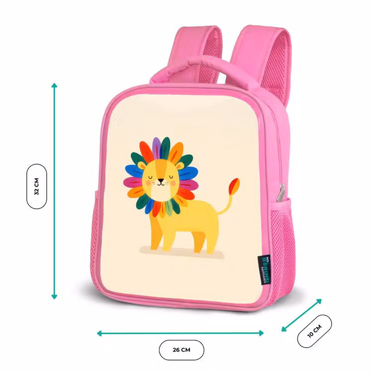 Leeuw - Kleurrijke manen - Beige Kinderrugzak - Roze middel -productfoto_formaten