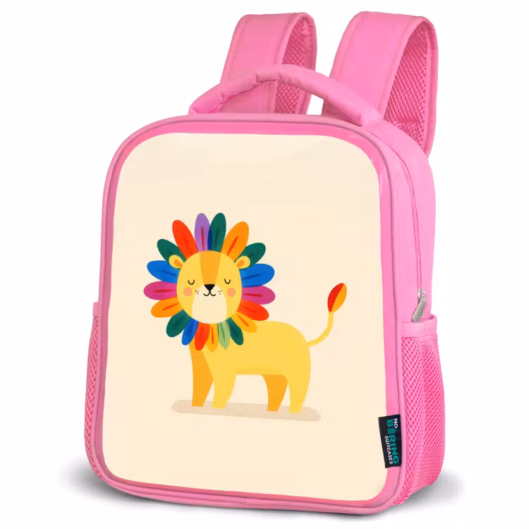 Leeuw - Kleurrijke manen - Beige Kinderrugzak - Roze middel -schuin