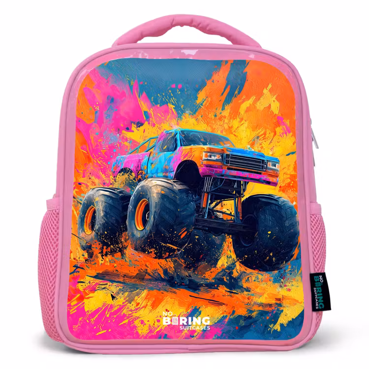 Monstertruck - Verfspatten - Kleurrijk - Explosie Kinderrugzak - Roze middel -3d