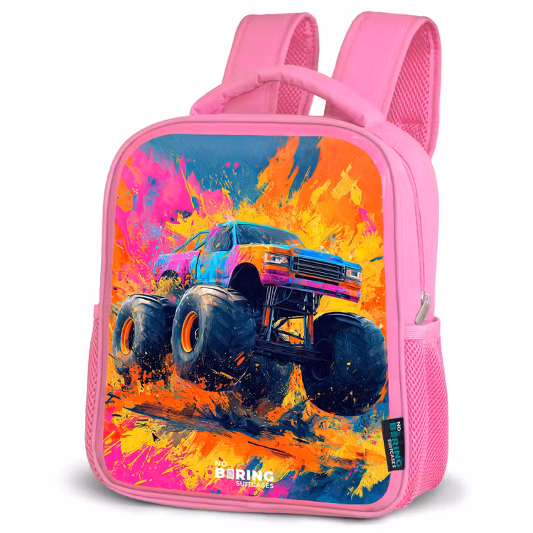 Monstertruck - Verfspatten - Kleurrijk - Explosie Kinderrugzak - Roze middel -schuin