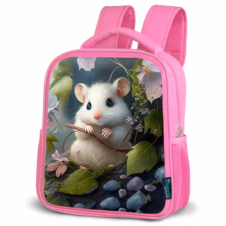 Muis - Bos - Bloemen - Illustratie - Bosdieren Kinderrugzak - Roze middel -schuin