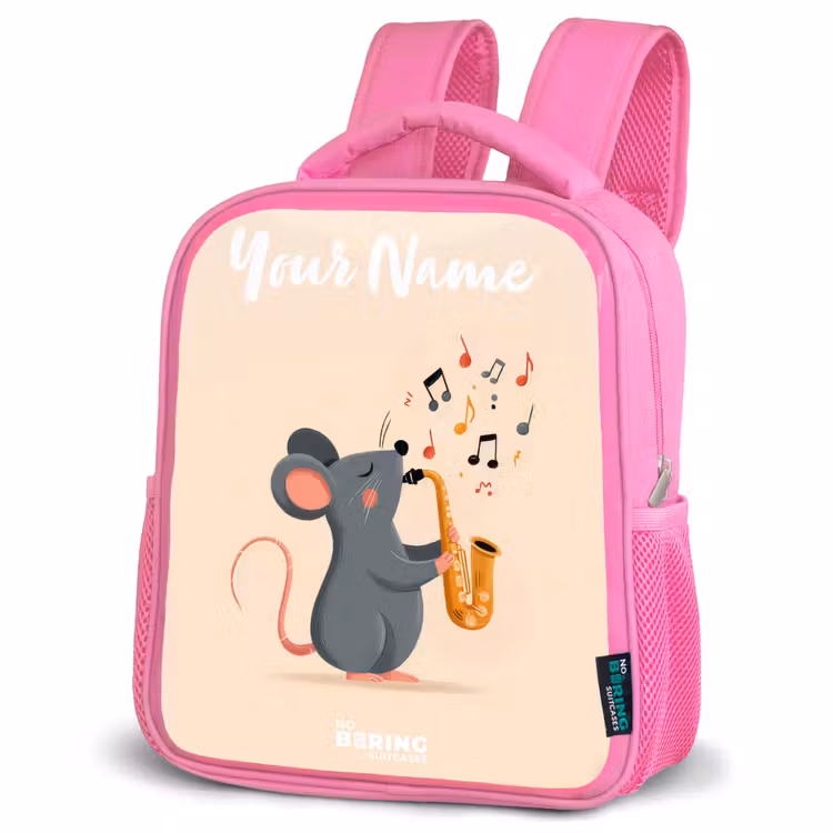Muis - Saxofoon - Muziek Kinderrugzak - Roze middel -schuin