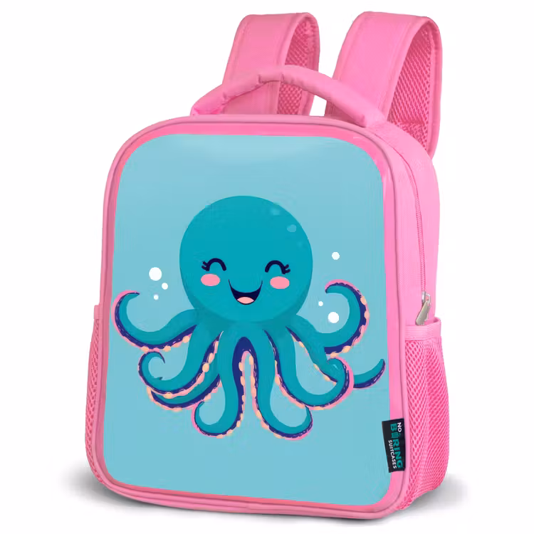 Octopus - Blauw - Gezicht Kinderrugzak - Roze middel -schuin