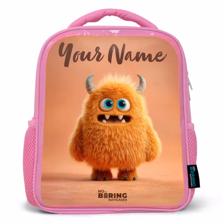 Oranje Pluizig Monster met Hoorns Kinderrugzak - Roze middel -3d