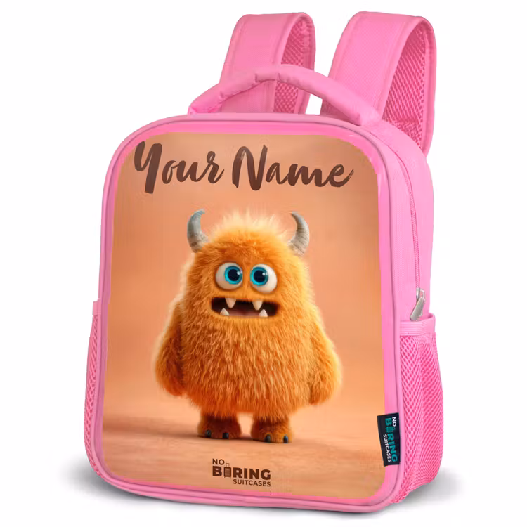 Oranje Pluizig Monster met Hoorns Kinderrugzak - Roze middel -schuin