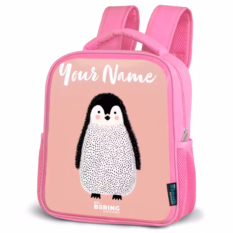 Pinguïn - Stippen - Roze - Minimalistisch Kinderrugzak - Roze middel -schuin