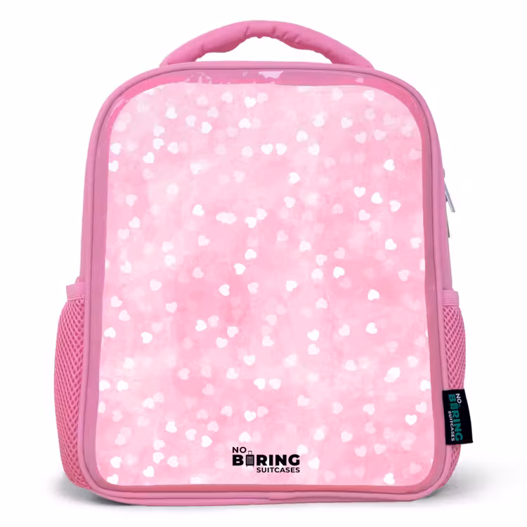 Roze glitter hartjes Kinderrugzak - Roze middel -3d