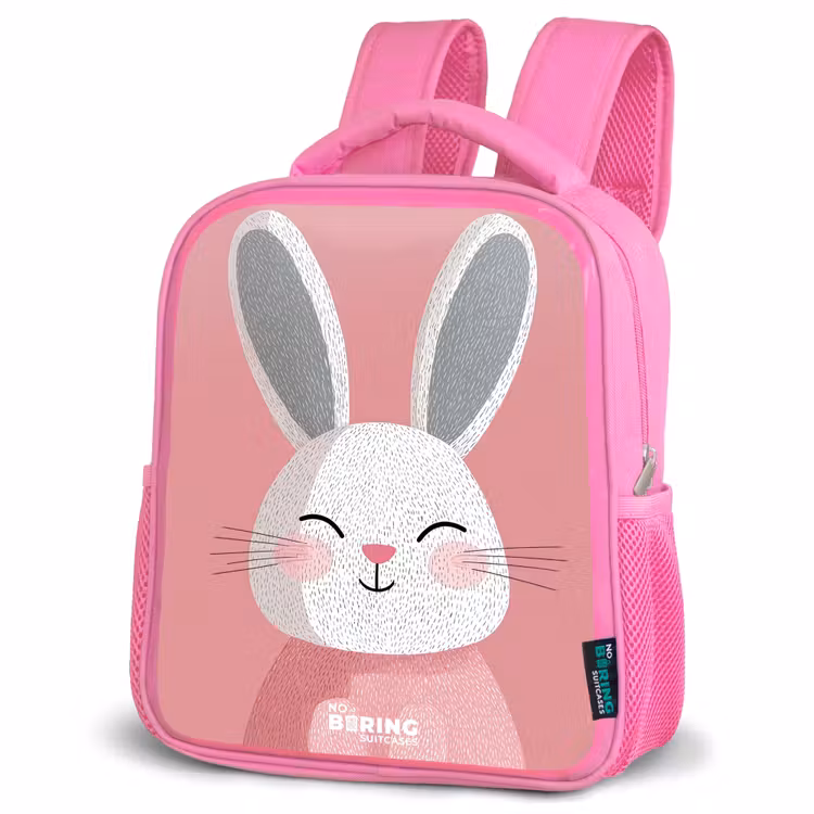 Roze - Konijn - Glimlach - Illustratie Kinderrugzak - Roze middel -schuin