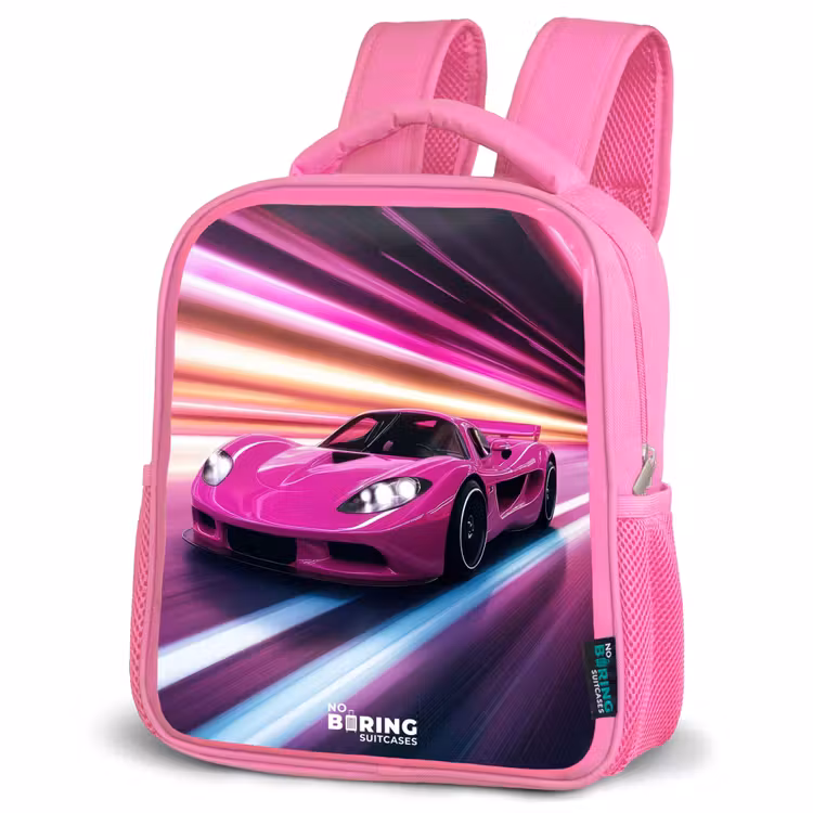 Roze raceauto flitst door neonlicht Kinderrugzak - Roze middel -schuin