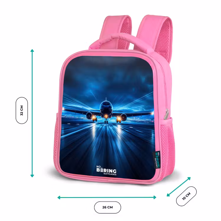Vliegtuig opstartend in futuristisch nachtlandschap Kinderrugzak - Roze middel -productfoto_formaten