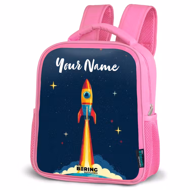Planeet - Raket - Sterren - Donkerblauw Kinderrugzak - Roze middel -schuin